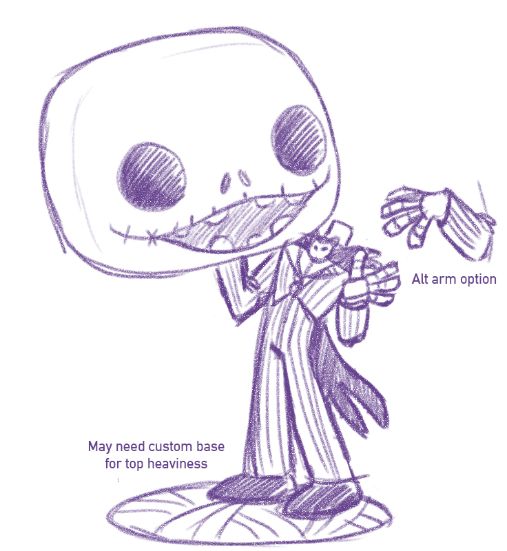 Black-and-white sketch of Pop! Jack Skellington with notes in the margin about a custom base and an arm alternate.